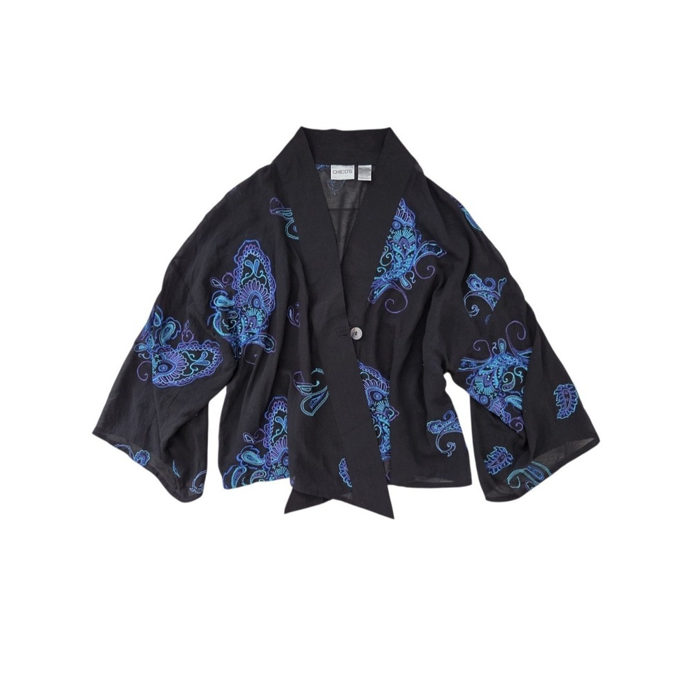 Chico's Sheer Black Silk Asian Embroidery Kimono Jacket Cardigan Boho Blouse S/M
